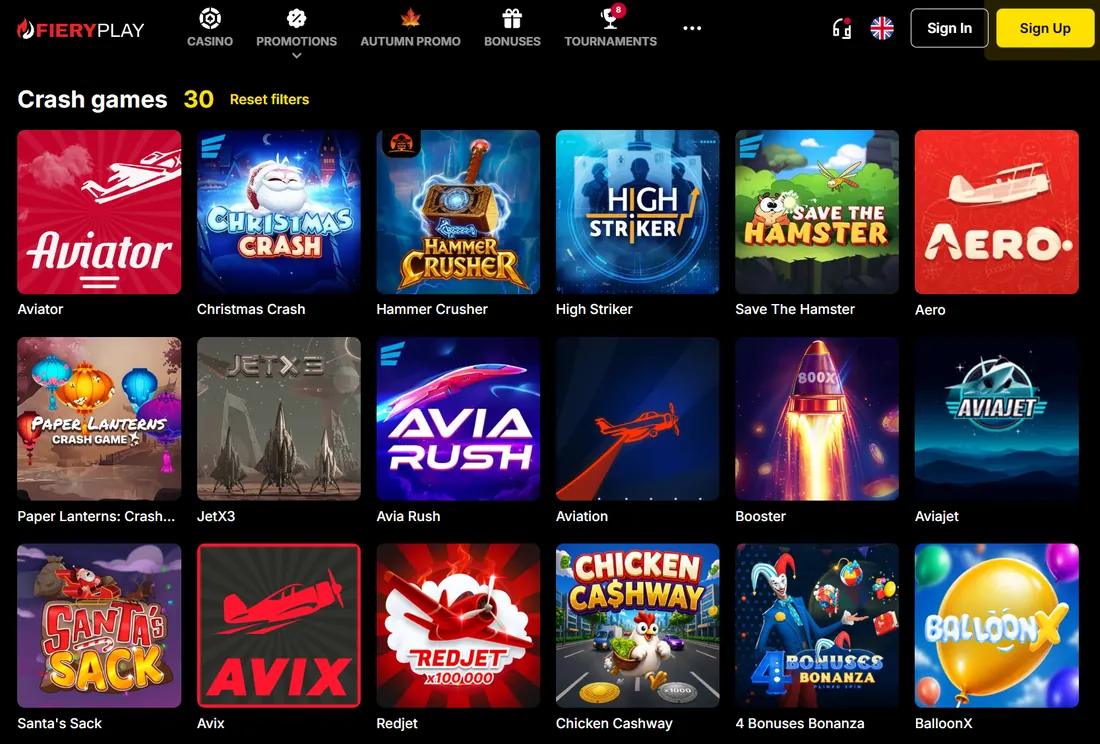 Crashspel i lobbyn hos Fiery Play Casino