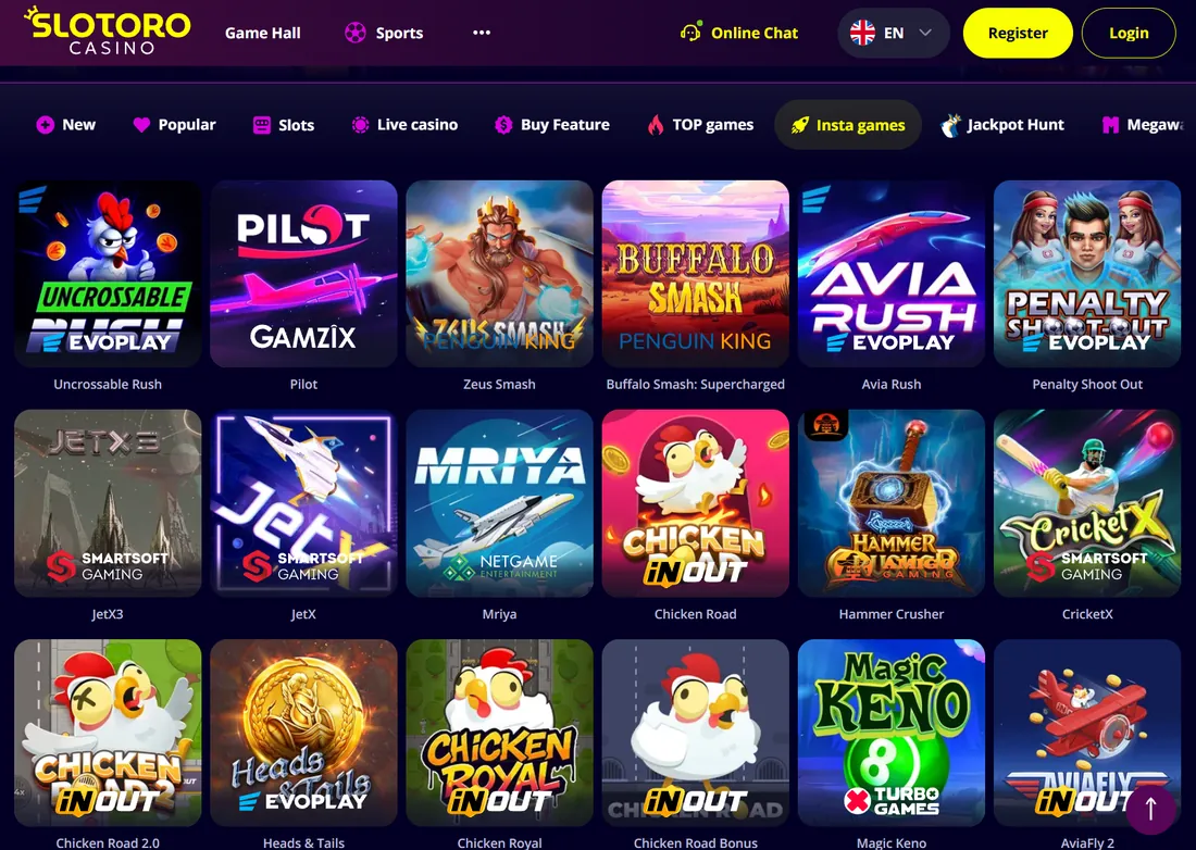 Insta games hos Slotoro med crashspel och snabba spel