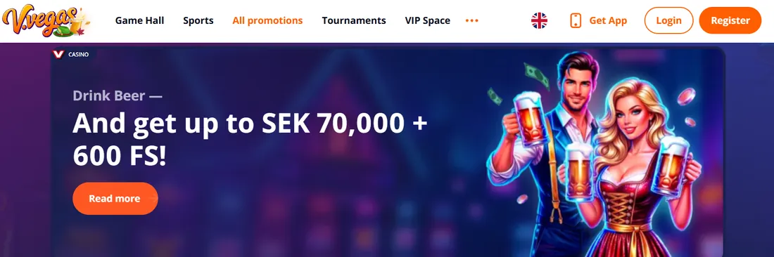 Kampanj hos V Vegas med upp till 70 000 kr och 600 free spins