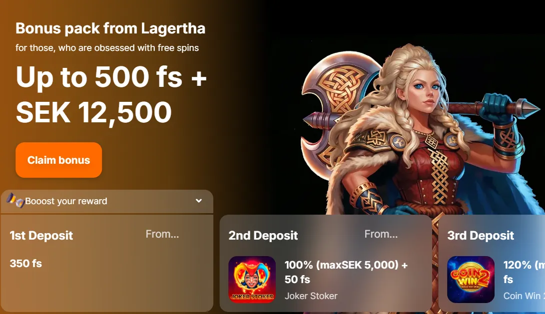 Bonuspaketet Lagertha hos Hit n Spin med 500 free spins och 12 500 kr