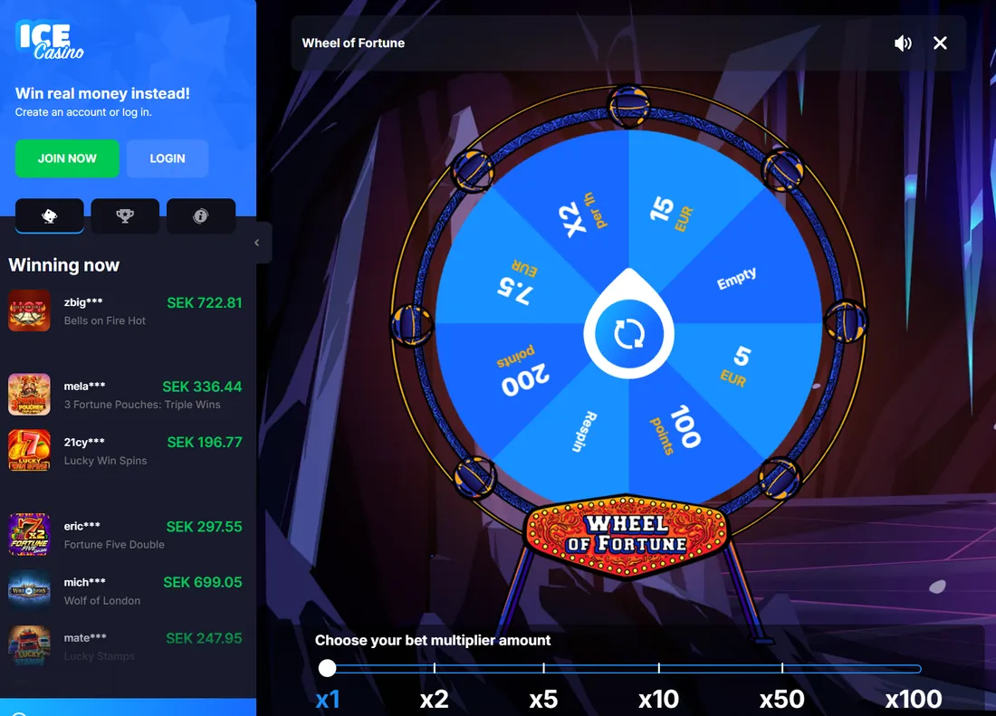 Lyckohjulet hos Ice Casino med vinster i kronor