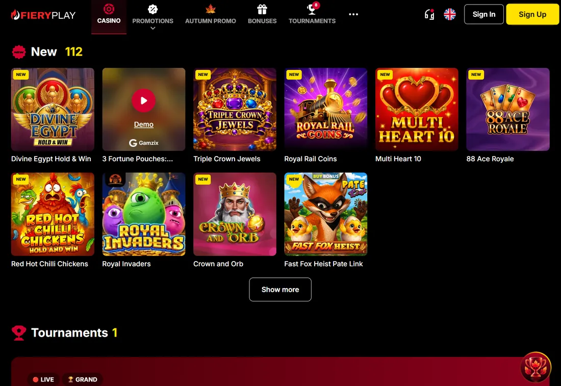 Lobbyns nyheter hos Fiery Play Casino med 112 nya spel