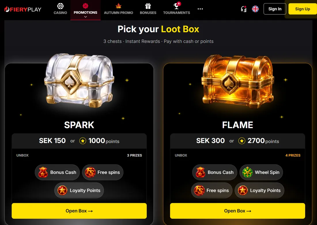 Valet av lootbox hos Fiery Play Casino med priser i kronor