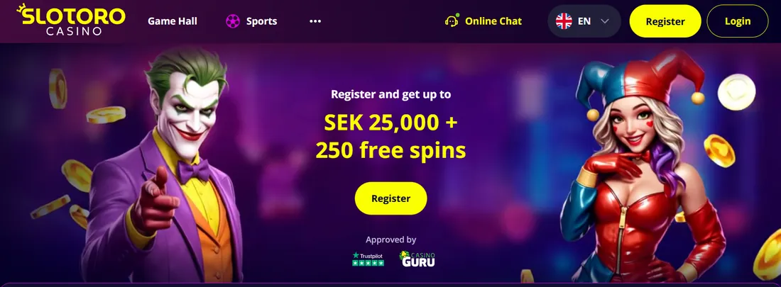 Slotoros välkomstbanner med 25 000 kr och 250 free spins