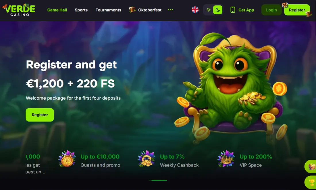 Verde Casinos välkomstpaket på 1 200 euro och 220 free spins
